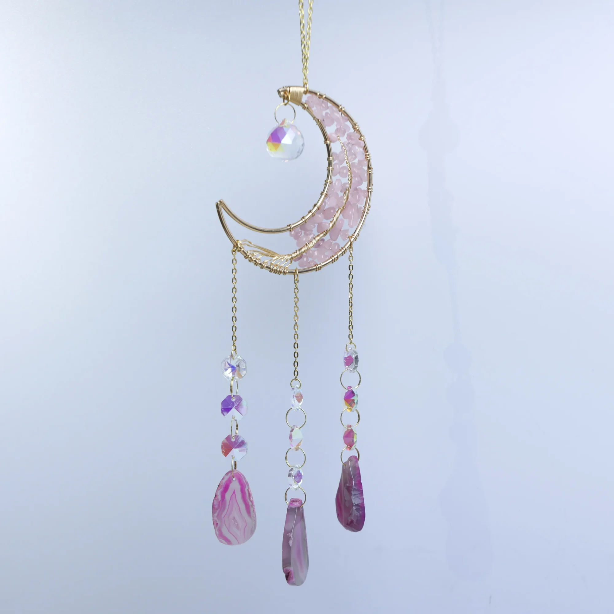 3-Color Moon Crystal Chips Agate Slice Wind Chimes 15 in (3 Agate Slices per Chime) - Magenta