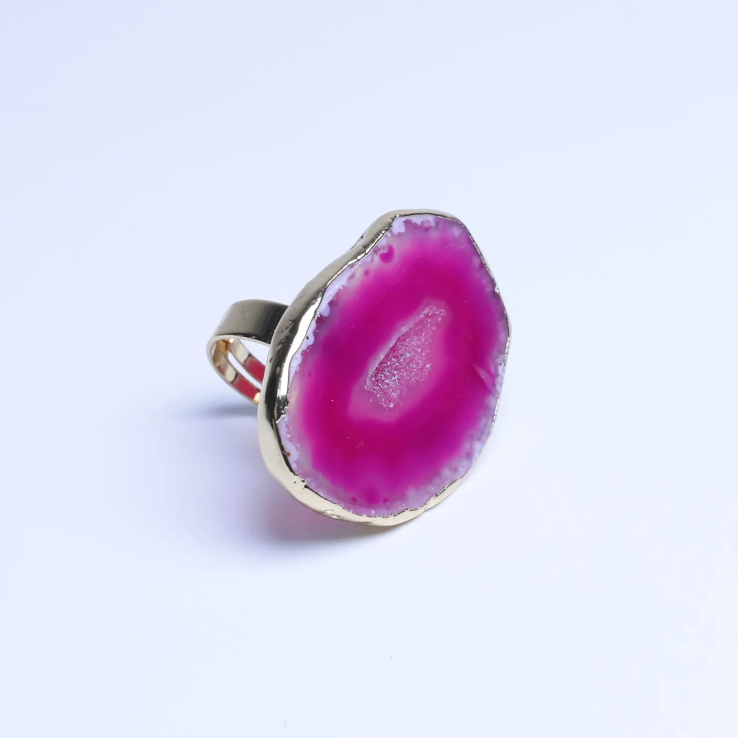 5-Color Dyed Large Agate Slice Adjustable Ring - Magenta