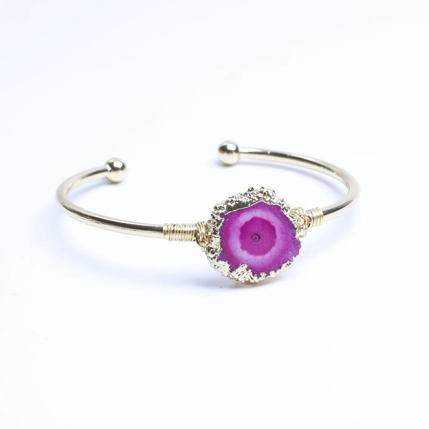 5-Color Wire-Wrapped Dyed Agate Geode Slice Cuff Bracelet - Magenta