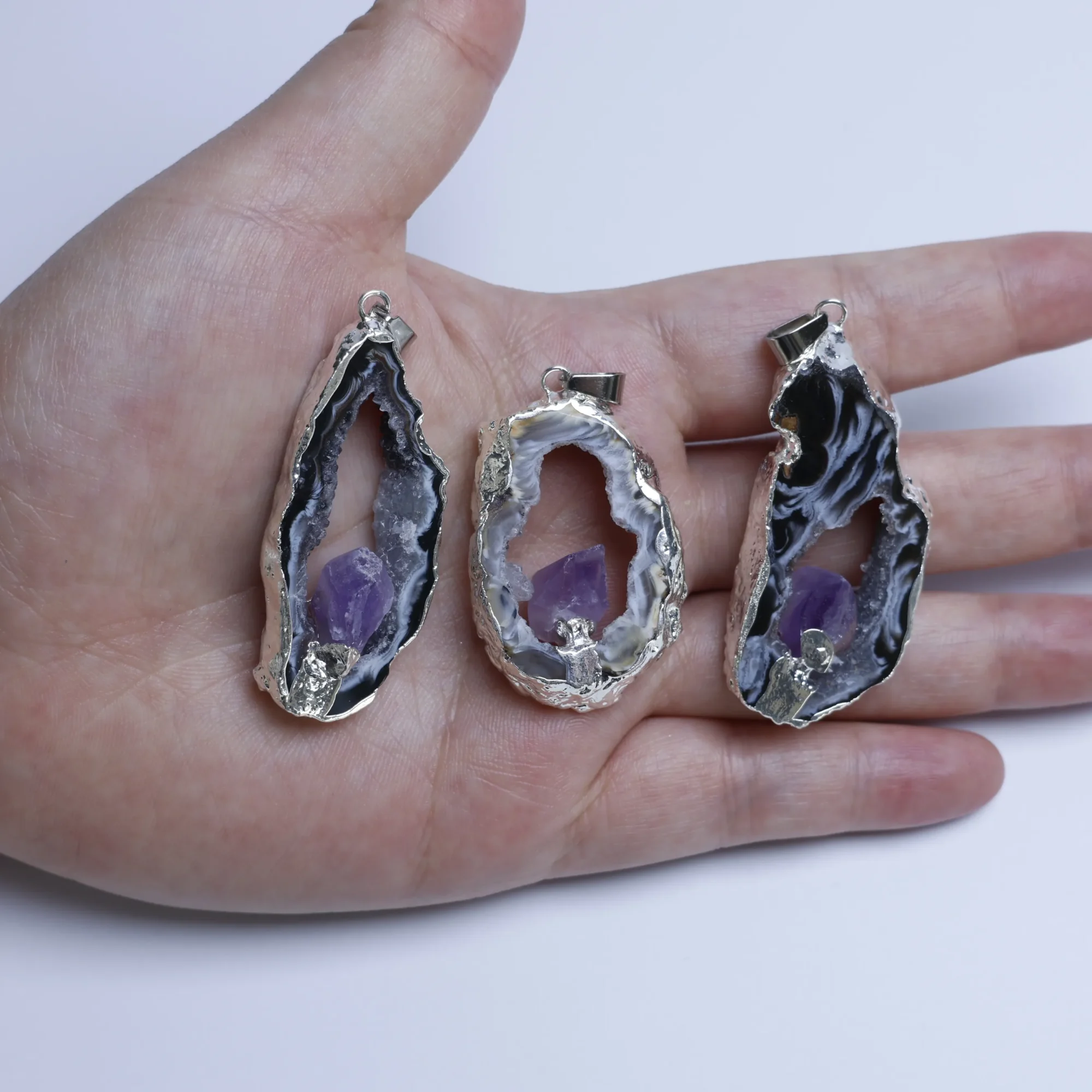 Natural Agate Geode Druzy Slice Pendant Amethyst Point Inlay - 1