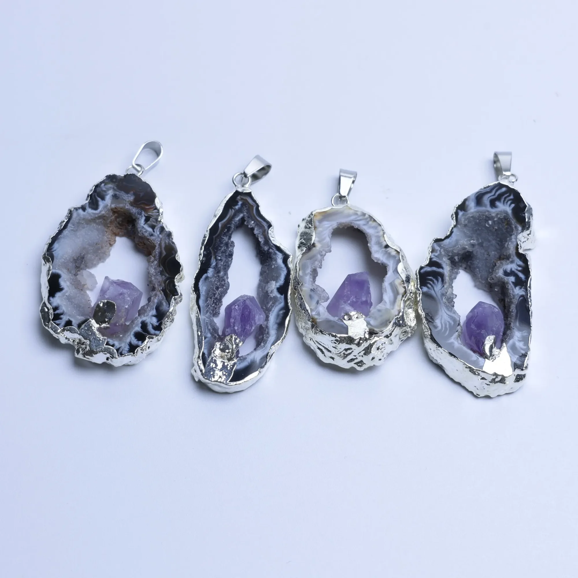 Natural Agate Geode Druzy Slice Pendant Amethyst Point Inlay