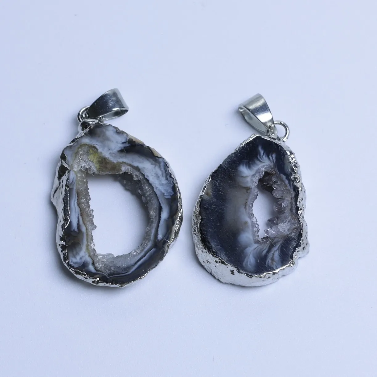 Natural Druzy Agate Geode Slice Pendant Silver Finish Edge - 2