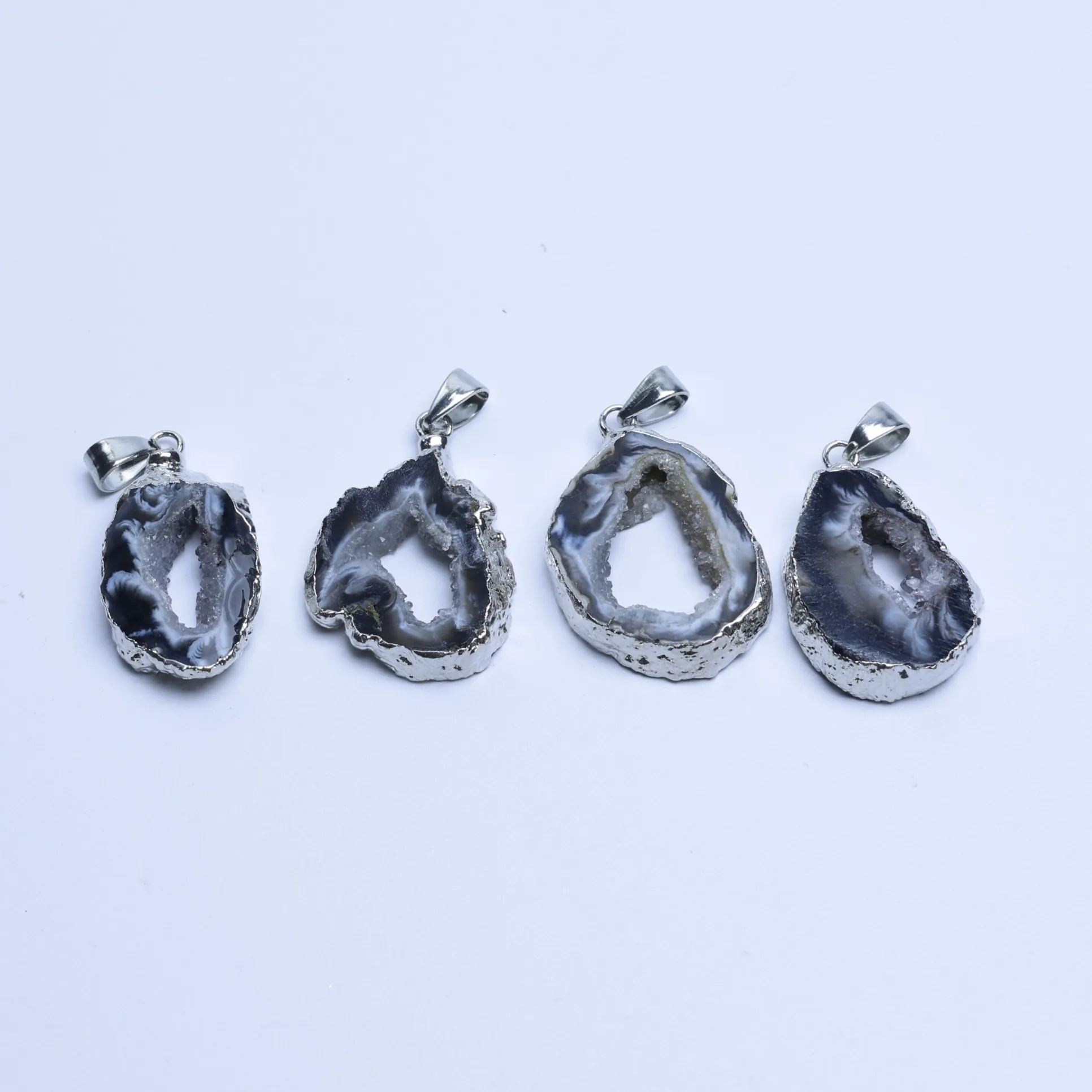 Natural Druzy Agate Geode Slice Pendant Silver Finish Edge