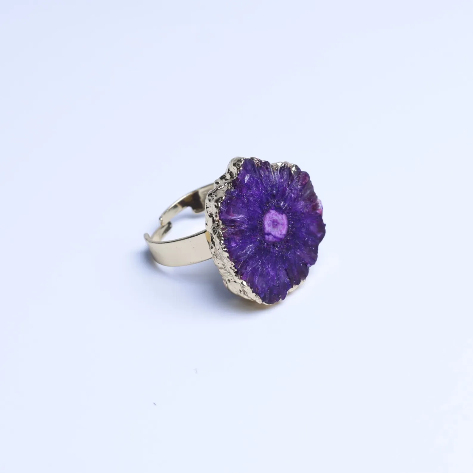 6-Color Dyed Agate Geode Slice Adjustable Ring with Gold-Plated Edge - Purple