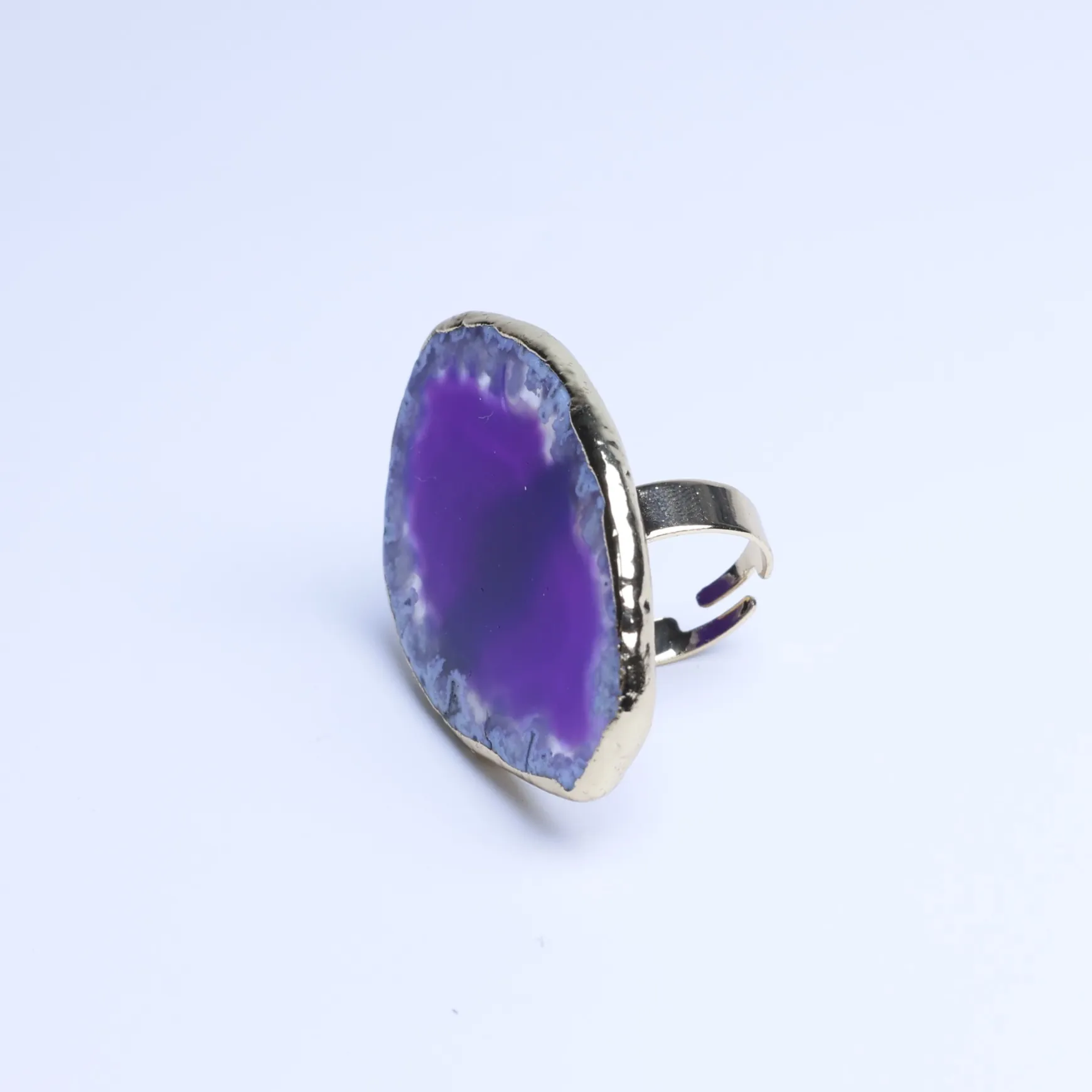 5-Color Dyed Large Agate Slice Adjustable Ring - Purple