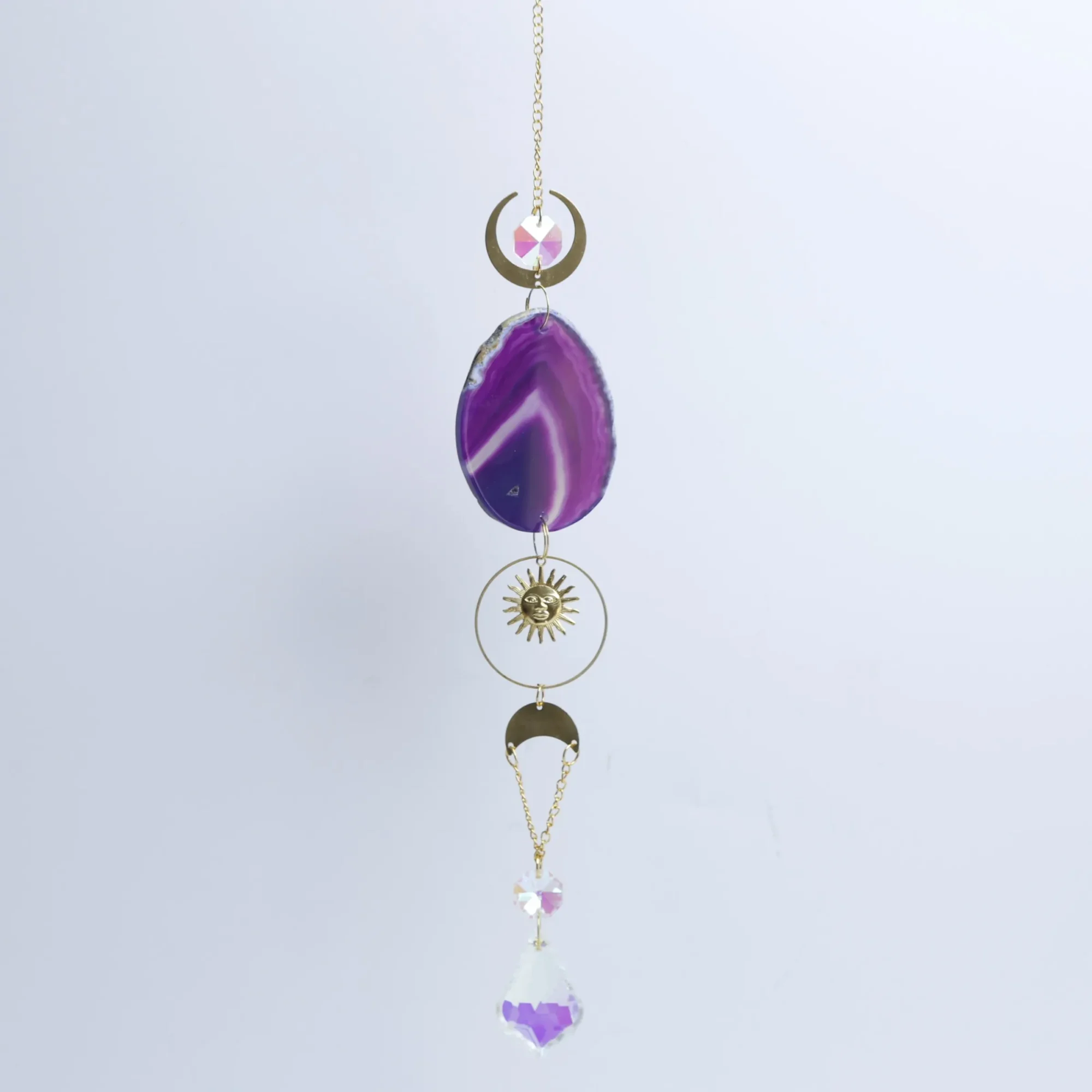 5-Color Single Agate Slice Celestial Crystal Wind Chimes 15.7 in - Purple