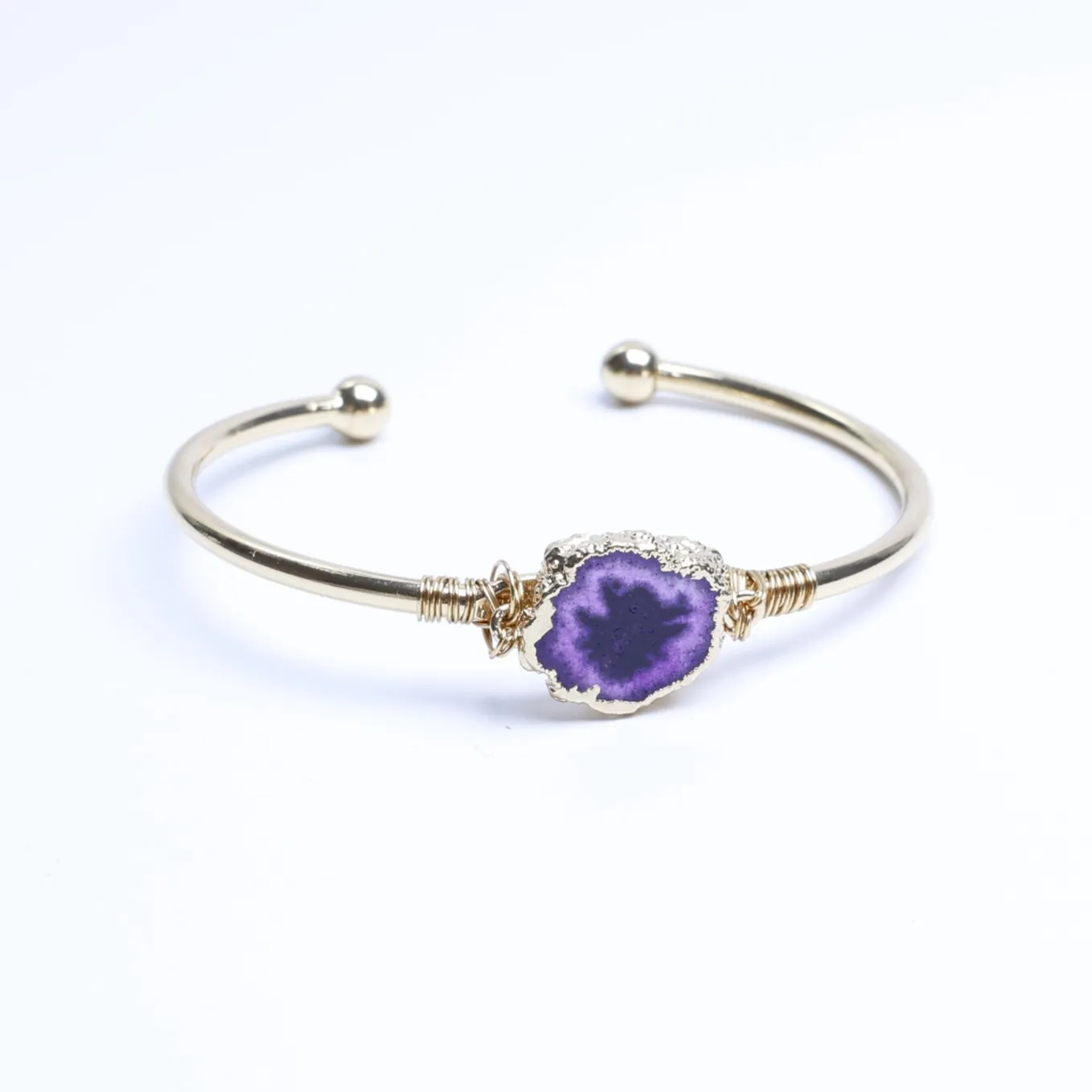 5-Color Wire-Wrapped Dyed Agate Geode Slice Cuff Bracelet - Purple