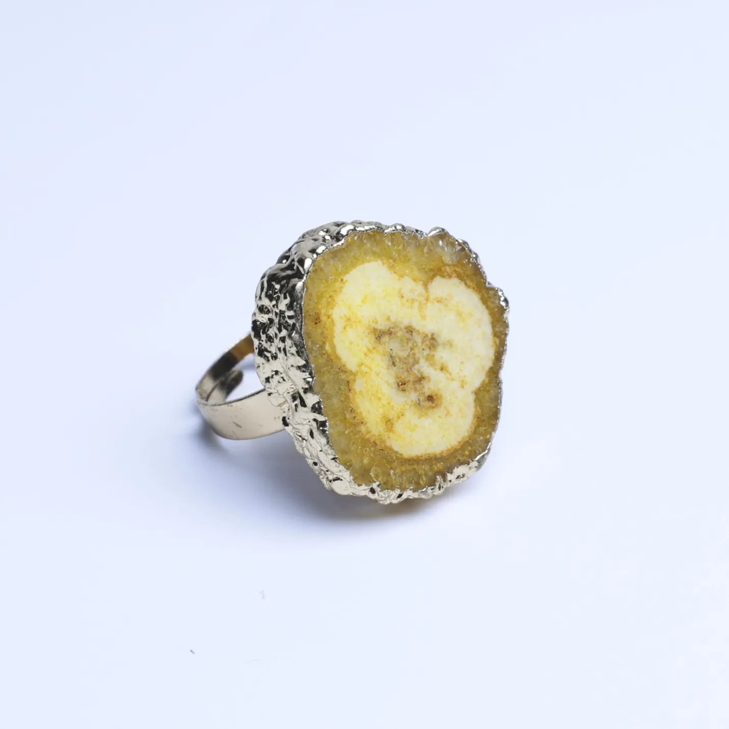 6-Color Dyed Agate Geode Slice Adjustable Ring with Gold-Plated Edge - Yellow