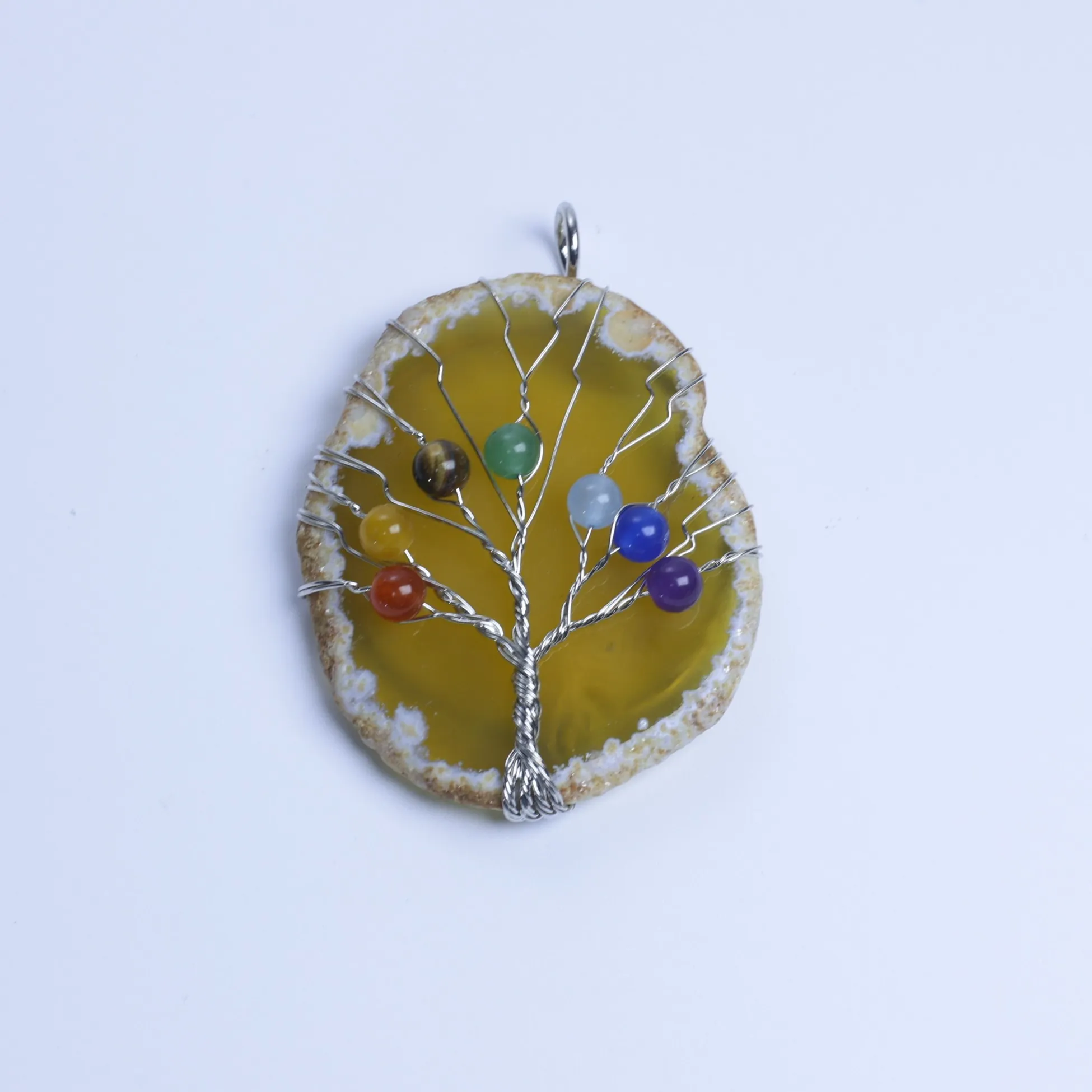 6-Color Tree of Life Agate Slice Pendant - Yellow