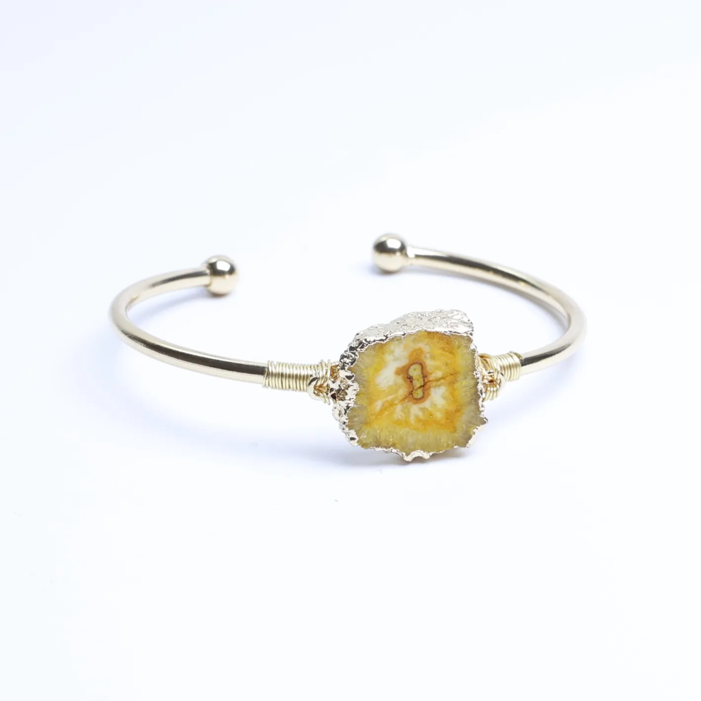5-Color Wire-Wrapped Dyed Agate Geode Slice Cuff Bracelet - Yellow