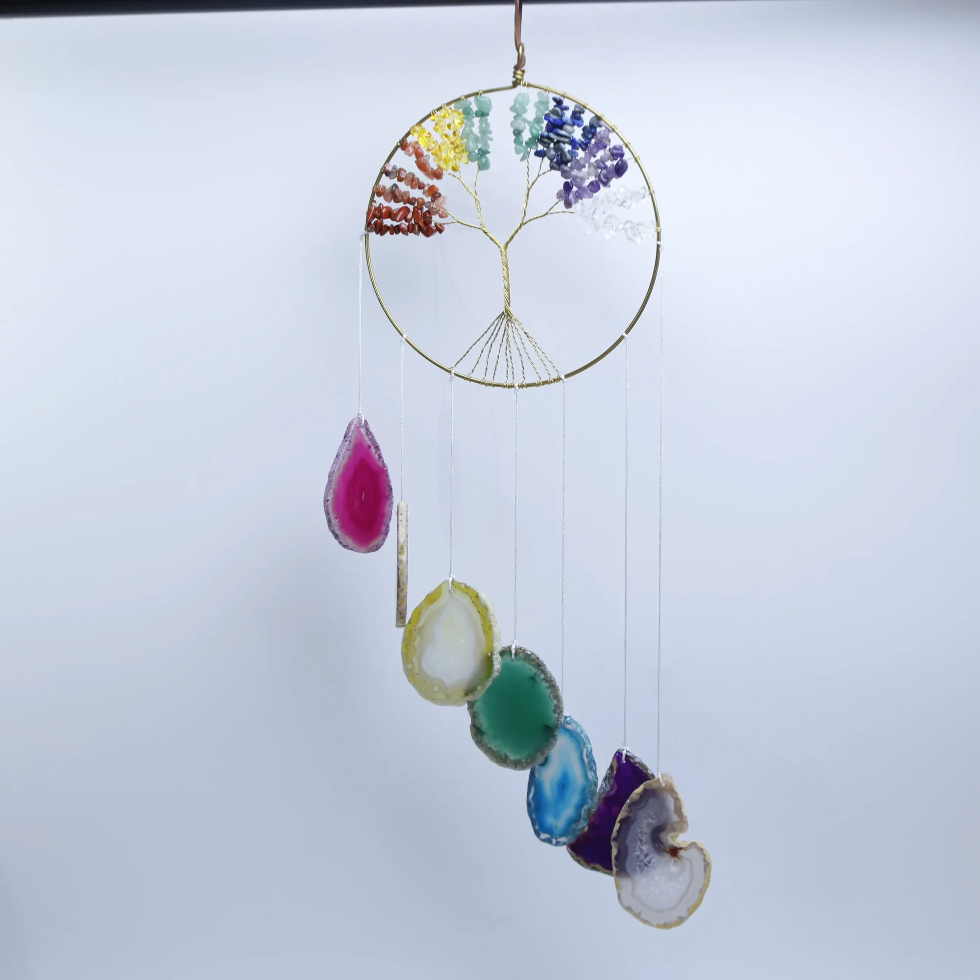 2-Tree-Design Natural Agate Slice Wind Chimes 23.6 in (7 Agate Slices per Chime) - Staggered